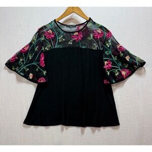 Kim & Cami Embroidered Mesh Top Womens M Black Floral Flutter Sleeve Cottagecore